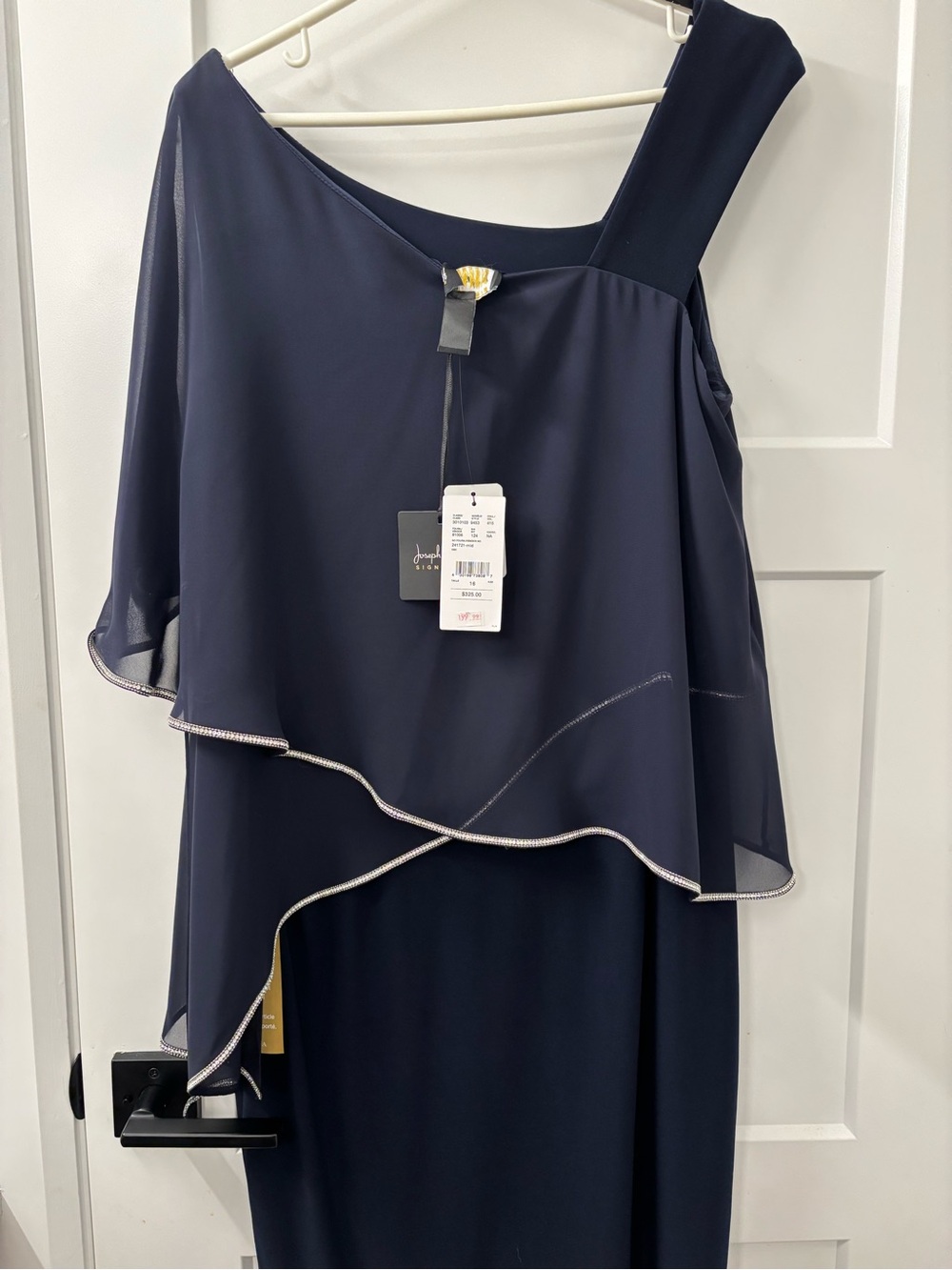 Joseph Ribkoff Navy One-Shoulder Asymmetric Chiffon Dress with Metallic Trim